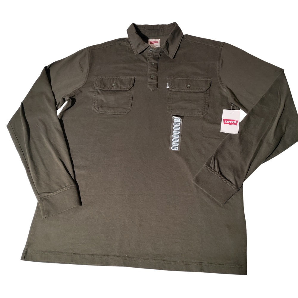Levi's Mens Long Sleeve Polo Shirt Green Cotton Utility Pocket 3LMLK087 Sz L NWT